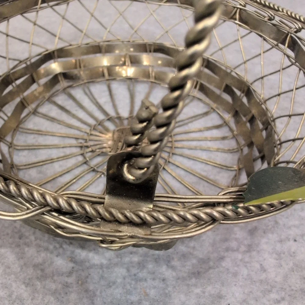 Vintage Silver Tone Woven‎ Wire Basket with Enameled Flowers and Swing Handle